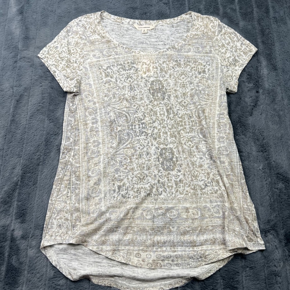 Lucky Brand Womens Paisley Damask Print Short Sleeve T-Shirt Tan White M 139312